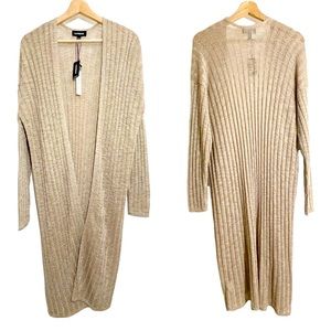 NWT Express Metallic Knit Long Cardigan Sweater Open Front Tan Sz M
